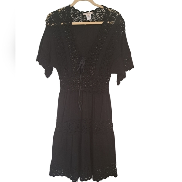 NANETTE LEPORE black cotton crochet knit cut out short sleeve cover up dress M - Picture 6 of 10